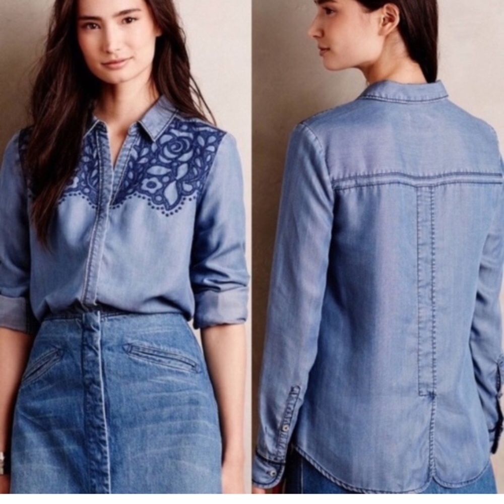 Anthropologie Light Blue Denim Button-Down Shirt with Navy Embroidery